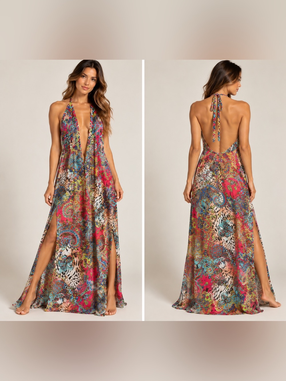 Luli Fama Wynn LV Exclusive Halter Maxi Dress Multicolor Paisley Butterfly S NWT